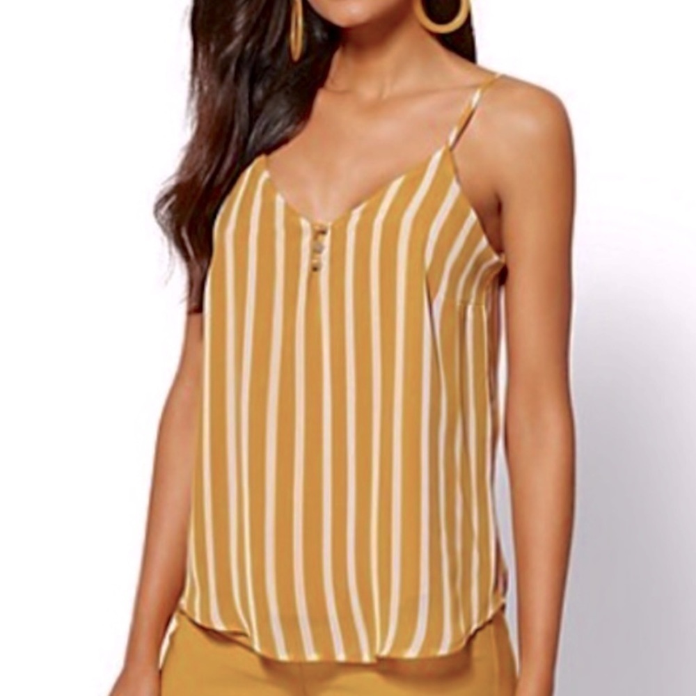 NY&C Button Front V-neck Chiffon Overlay Camisole Top - Gold & White‌